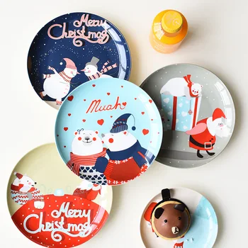 

8 Inch Christmas Round Bone China Plate Cartoon Ceramic Dinner Plate New Year Steak Fruit Nuts Tray Household Snack Dishes Plate