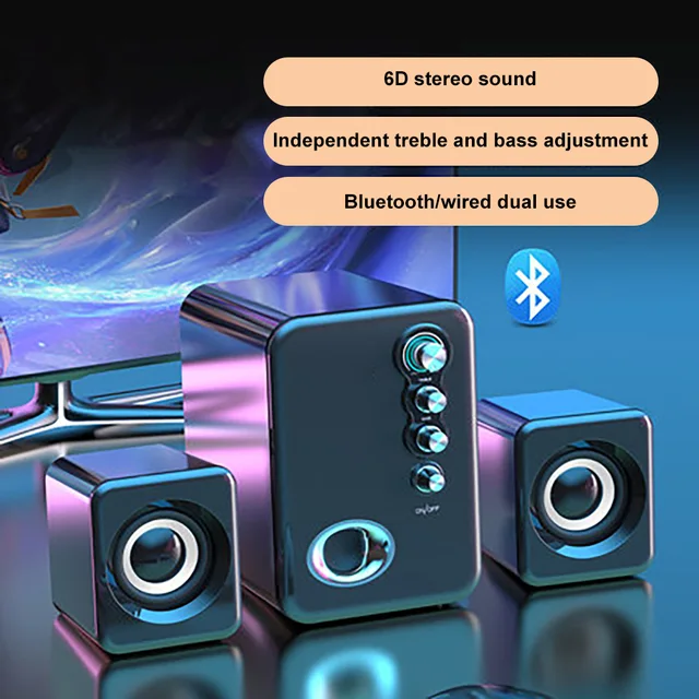 Computer Audio USB 2.1 Multimedia Bluetooth Overweight Subwoofer Desktop Home Speaker Wired Universal Audio Bluetooth 6D Black