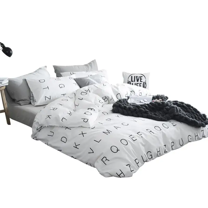

50 simple 100% cotton The letter printing duvet cover pillowcase 3pcs black and white bedding set
