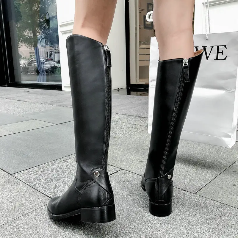 New Fashion Round Toe Med Heels Women Women Knee Boots Top Quality Genuine Leather Riding Boots Winter Basic Shoes