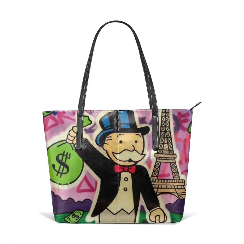 Monopoly Сумочка Алек Монополия в Париже топ-Ручка Сумки Печать Подростковая кожаная сумка-тоут модный шоппер женские широкие женские сумки - Цвет: Черный