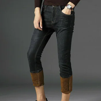 

Mens Winter Denim Pants Jeans Fleece Lined Warm Straight Leg Trousers Thicken Long Pants Plus Size FEA889