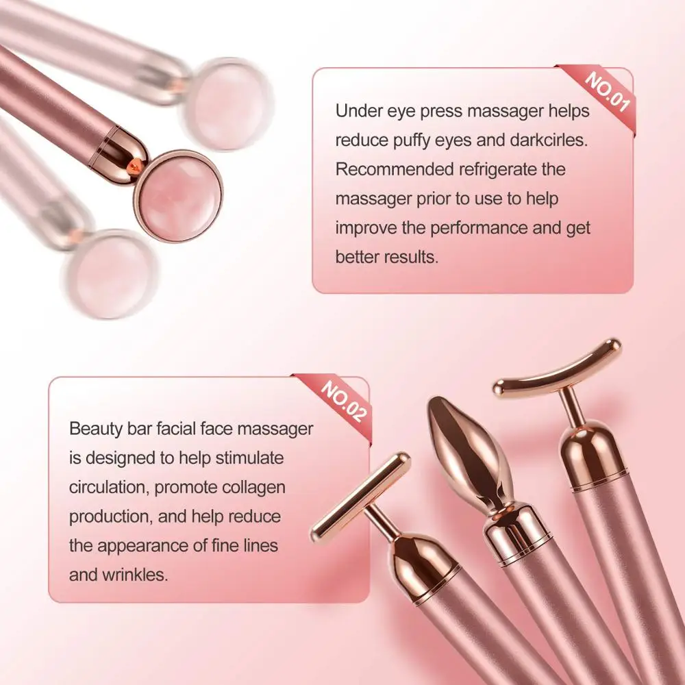Facial Massager Face Slimming Massager 4 in 1 Vibrating Rose Quartz Roller Face Roller Eye Massager Jade T/V Shaped Face Lifting Slimming Beauty Care Massager