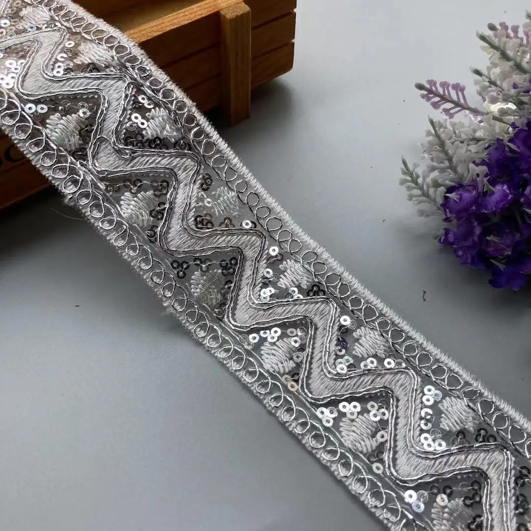 

1 Yard White Sequins Embroideried Lace Trims Ribbon Ethnic Webbing Tapes for Clothes Bag Shoes Decor DIY Sewing Accessories
