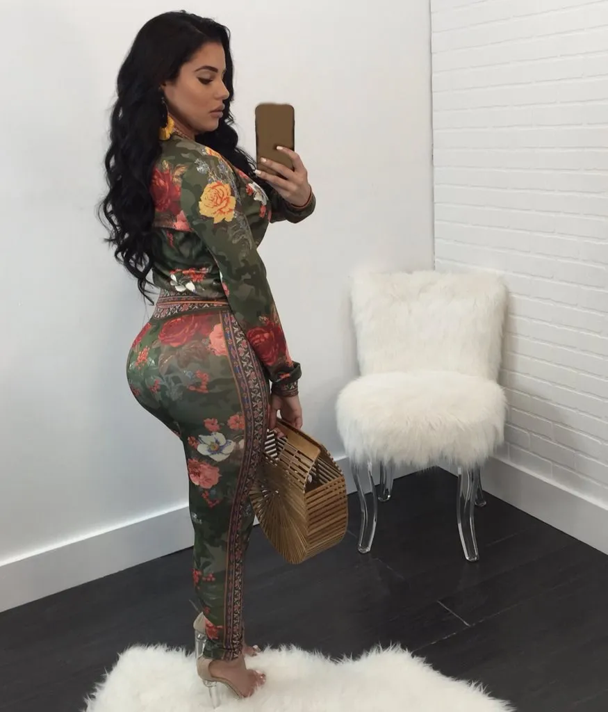 

Two Piece Set Women Camouflage Print Set Flower Print Jacket Long Pants Set 2 Pieces Long Sleeve Pants Suits