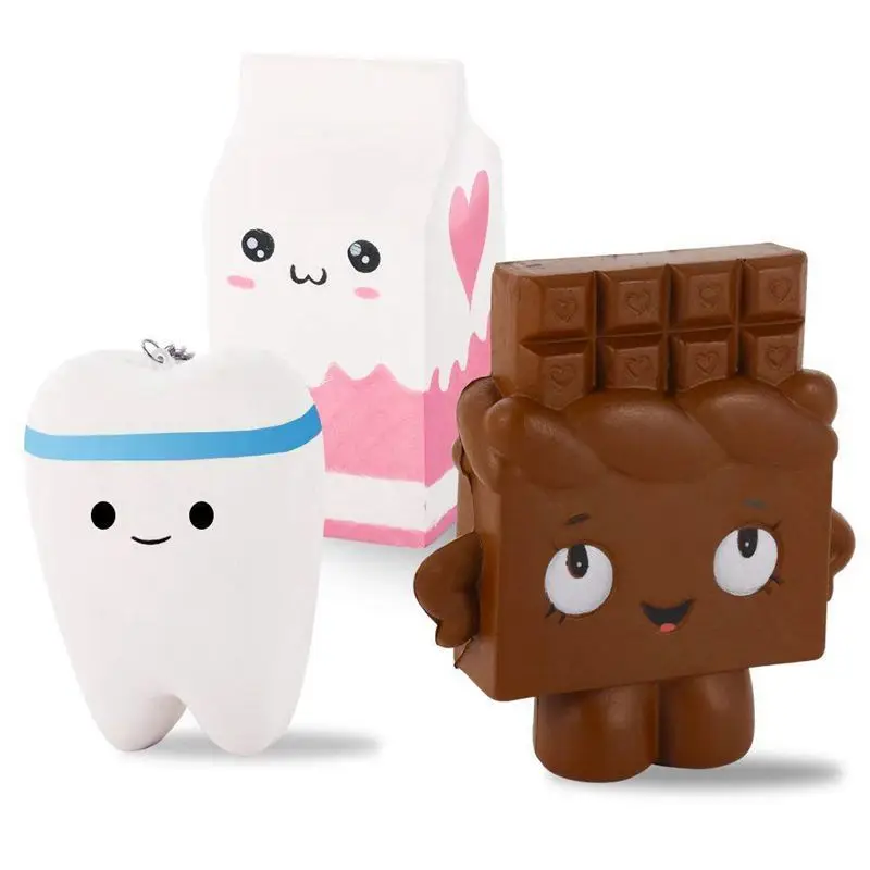 

3 Pack Kawaii Jumbo Slow Rising Squishies, Scented Squishy Chocolate Bar, Tooth, Milk Carton Toys For Kids or Stress Relief