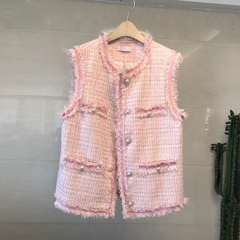 

2019 Runway Autumn Winter small fragrance Tweed sleeveless women's jackets ladies O-Neck pearl Single Breasted tassel coat