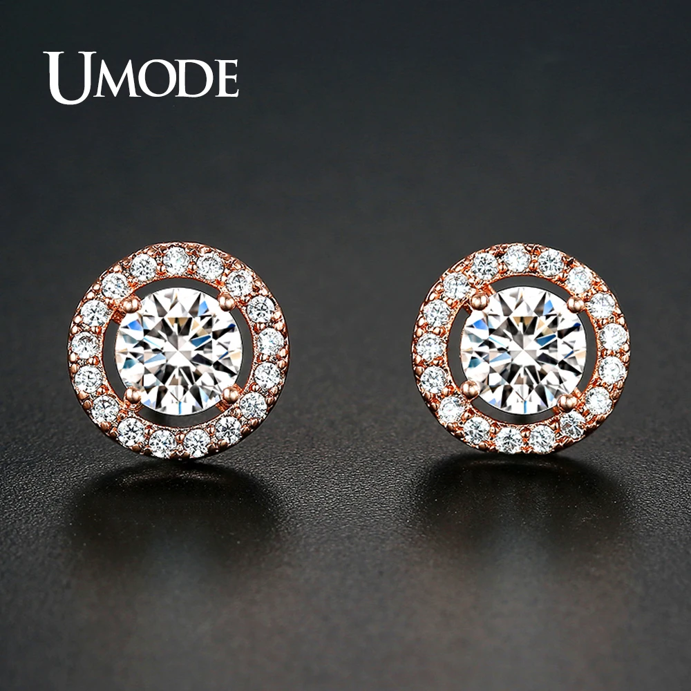 Женские простые серьги гвоздики UMODE маленькие из розового золота с цирконием