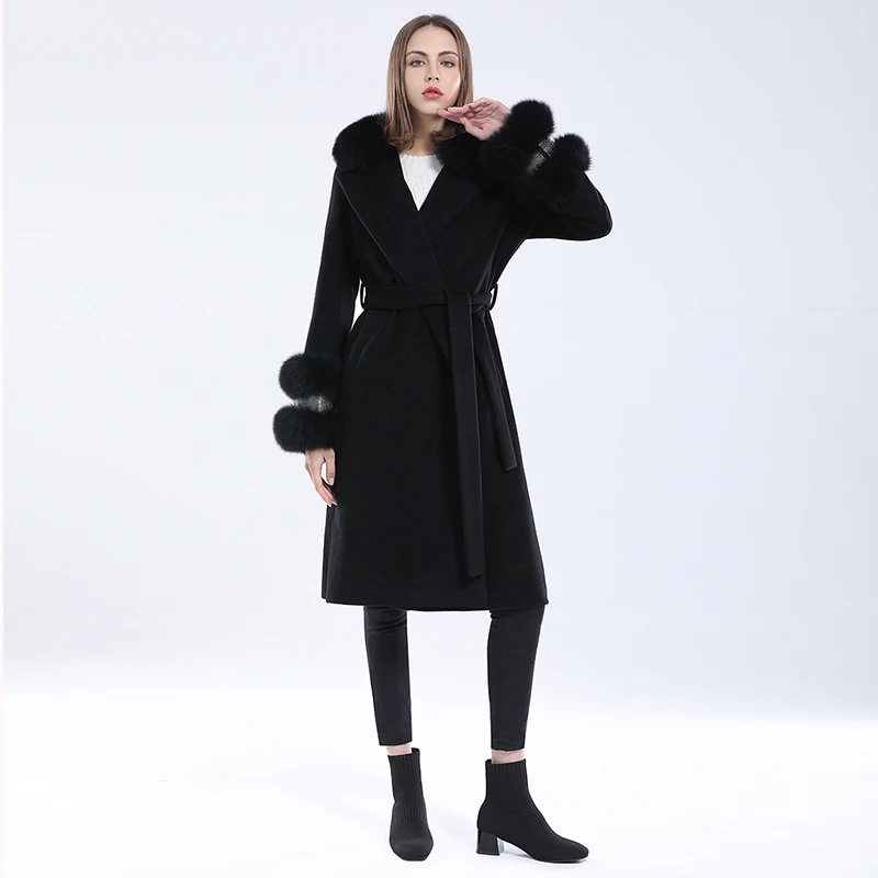 2021 autumn new woolen coat long fox fur collar black wool coat autumn long-sleeved slim women's lightweight coat