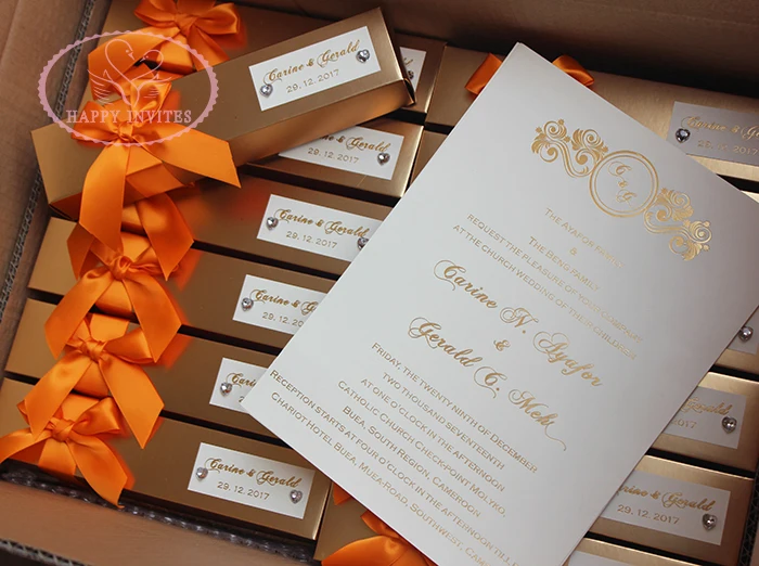 HI2052-42 Golden Scroll Invitation Card with Rhinestone Brooch