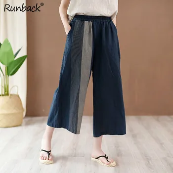 

Runback Striped Wide Leg Pants Cotton Linen Plus Size Elastic Waist Boho Pockets Cropped Palazzo Pants Relaxed Pull-on Trouser