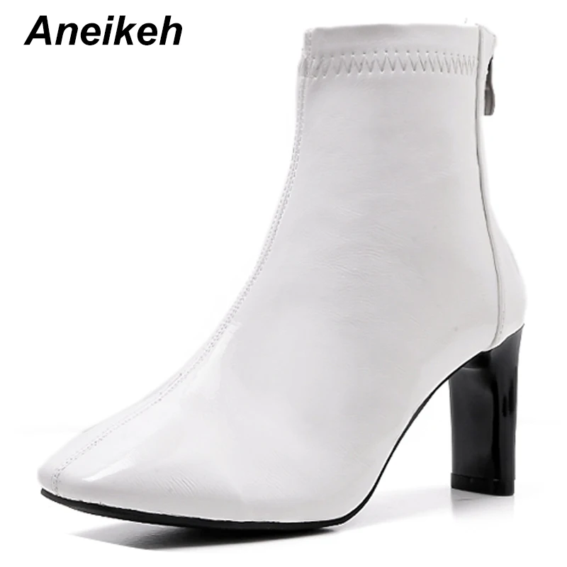

Aneikeh New 2019 Retro PU Women Ankle Boots Square High Heels Shoe Zipper Square Toe Boots Solid Office Wedding White Size 35-39