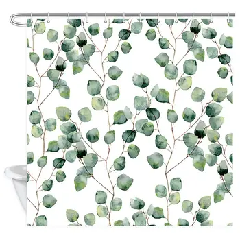

Green Leaf Shower Curtain, Watercolor Pattern with Eucalyptus Leaves and Branches Bathroom Curtain, Polyester Fabric Bath