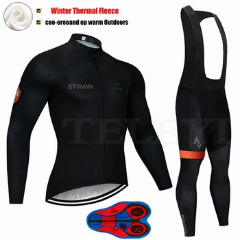 

2020 STRAVA black Winter Thermal Fleece Cycling Jersey Long Sleeve Jerseys Cycling Bib Pants Set Bike Bicycle Cycling Clothes