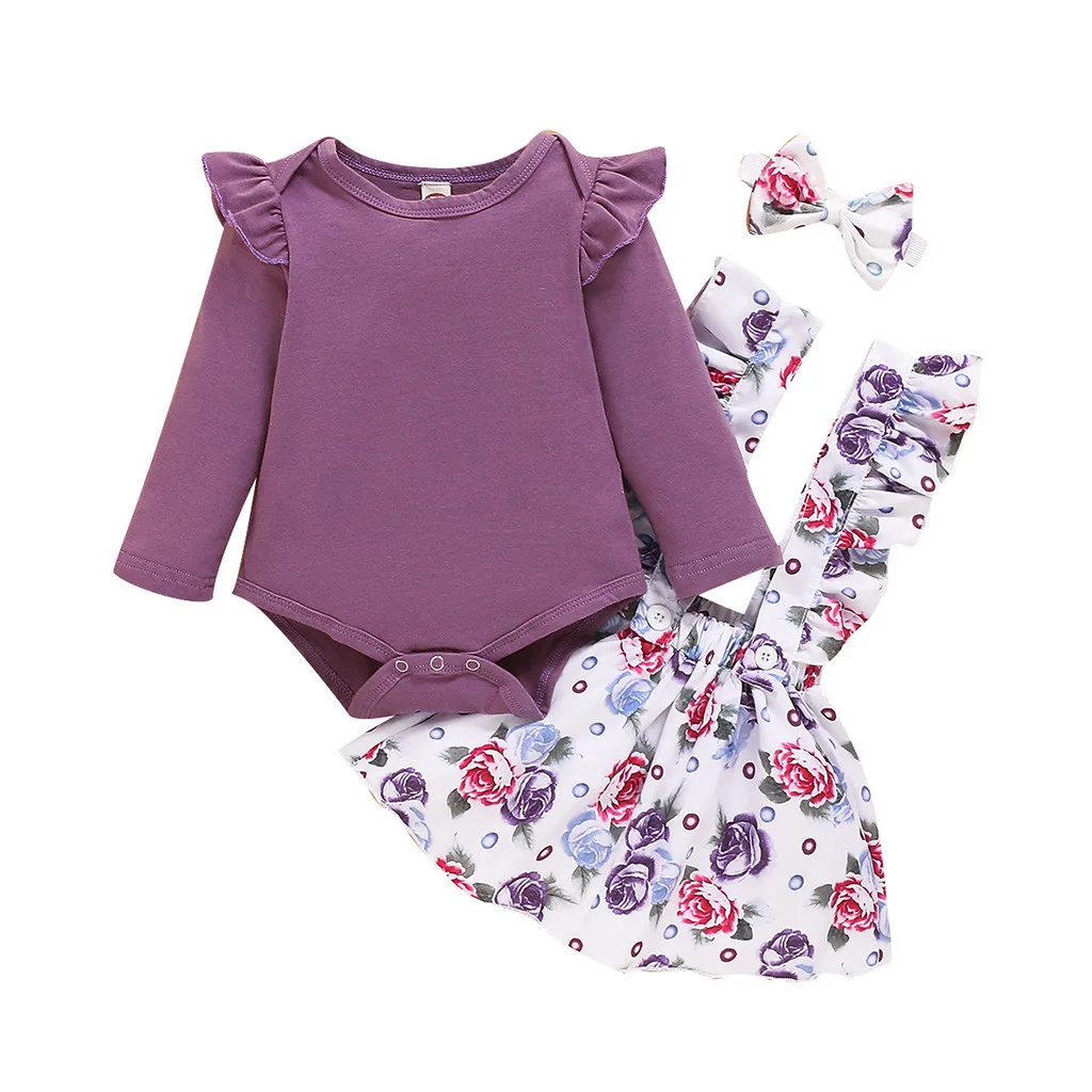 Fashion Girls Clothing Autumn Girl Set Lavender Romper + Floral Skirt Headband Suits for Kids |
