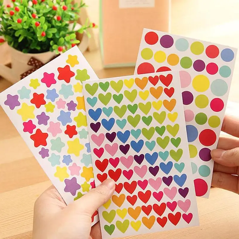 

6 Pieces/batch DIY Kawaii Colored Round Heart Five-point Star Stickers For Notebook Album Scrapbook Booking Diary Decoration
