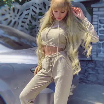 

Women Chic Shiny Sequins Tracksuit Hooded Sweatshirt + Harem Pants With Pockets Trousers Drawstring Hoodies High Waist Solid