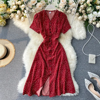 SINGRAIN Women Retro Polka Dot Midi long Dress Summer Button Bohemian A-Line Office Dress Elegant Print Chiffon Beach Sundress SINGRAIN Women Retro Polka Dot Midi long Dress Summer Button Bohemian A-Line Office Dress Elegant Print Chiffon Beach Sundress