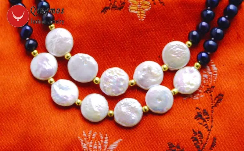 Qingmos 6-7mm Round Natural Black Pearl Necklace for Women with 12-13mm Coin Round White Pearl Pendant Necklace 2 Strand 17-18''