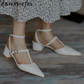 

Women's genuine leather ankle strap med heel comfortable narrow band summer elegant ladies dress pumps open toe sandals shoes