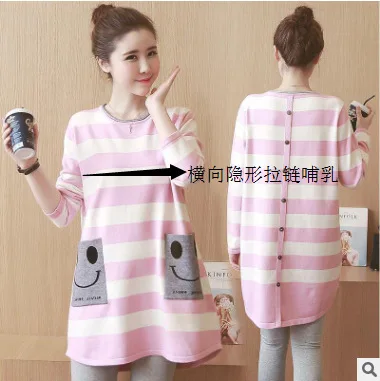 

Maternity Clothes 2019 Spring And Autumn New Style Long Sleeve Smiley Pocket Striped Shirt Nursing Dress