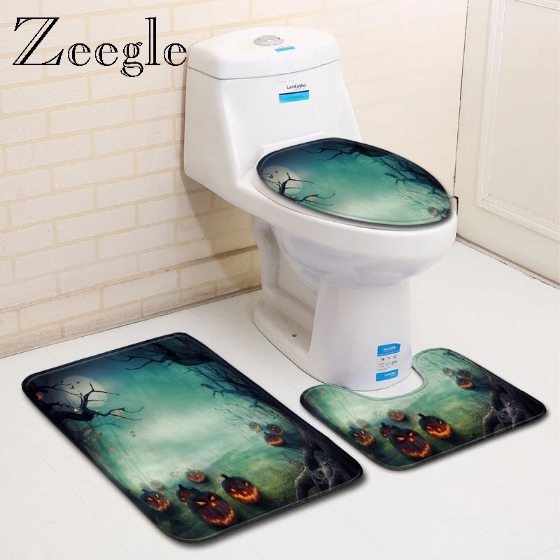Zeegle 3pcs Bathroom Shower Rug Halloween Non-Slip Toilet Mat Set Lid Toilet Cover Mat Water Absorption Toilet Rug Floor Carpet