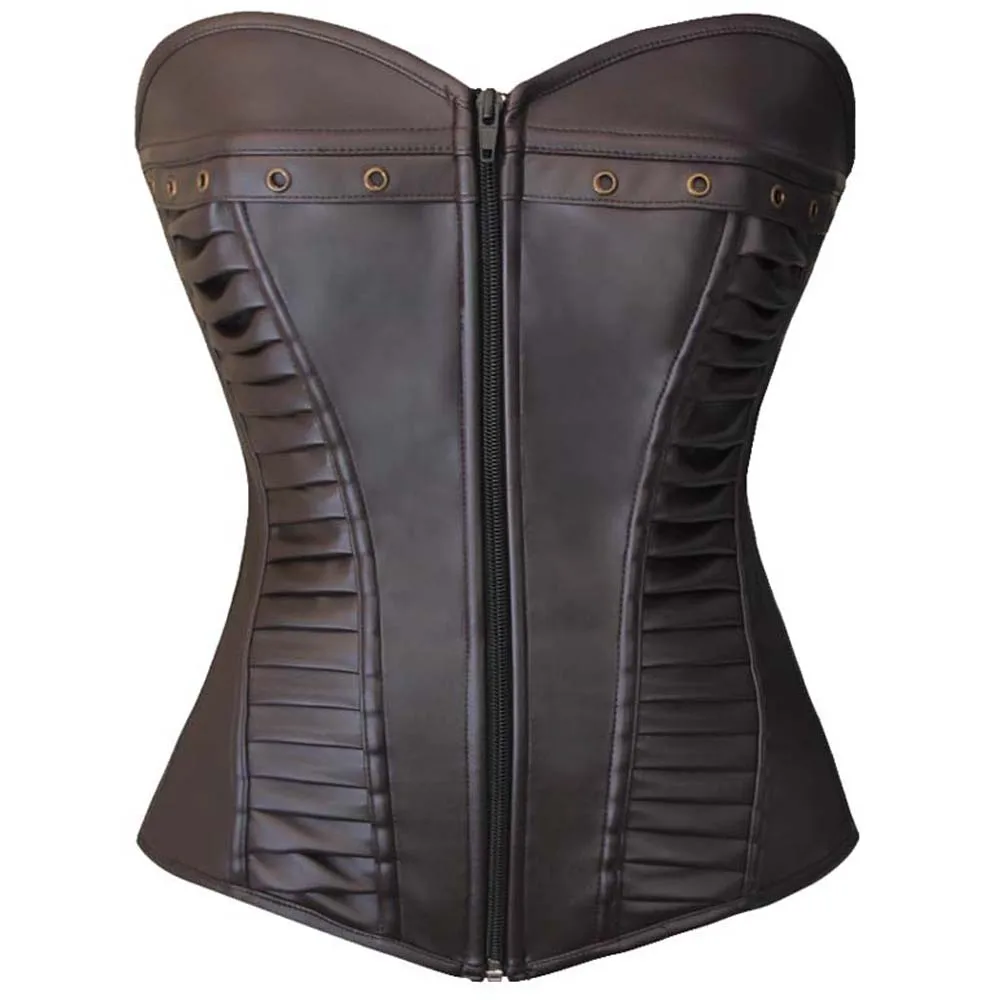 Womens Gothic Boned Lace up Retro Steampunk Brown Faux Leather Zipper Overbust Corset Bustier Tops Punk | Женская одежда