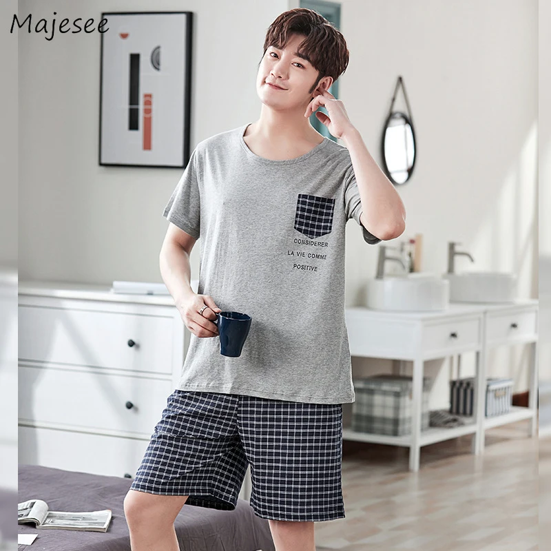 mens cotton pajama sets Pajama Sets Men Casual Sleepwear Summer Short Sleeve Tops and Shorts Printed Loose Plus Size L-3XL Nightwear Suits Korean Trendy men's loungewear sets