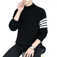 

Casual Men's Sweater O Neck Stripe Slim Knit Jumper Autumn Winter 2021 Men's Semi-Turtleneck Gold Mink Classic Sweater 3XL