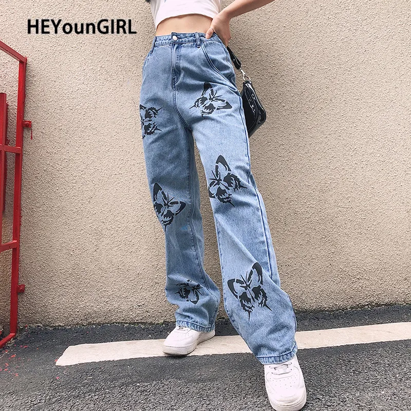 HEYounGIRL Butterfly Printed Straight Pants Women Casual Harajuku Denim Long Trousers Ladies Streetwear Fashion Jeans Female HEYounGIRL Butterfly Printed Straight Pants Women Casual Harajuku Denim Long Trousers Ladies Streetwear Fashion Jeans Female