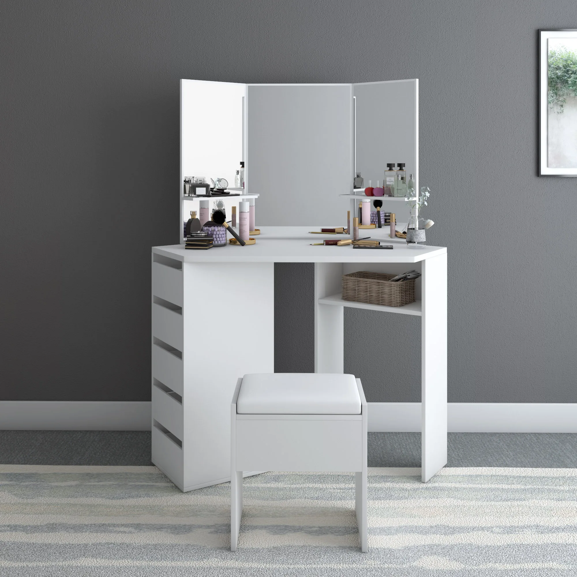 Panana Taburete Color Blanco para Dormitorio Salón Belleza Maquillaje Tocador Moderno de Madera con Espejo 1 Cajón 2 Estantes 