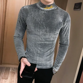 

Men's personality gold velvet T-shirt male 2019 spring and summer striped long-sleeved shirt shirt clothes high collar shirt