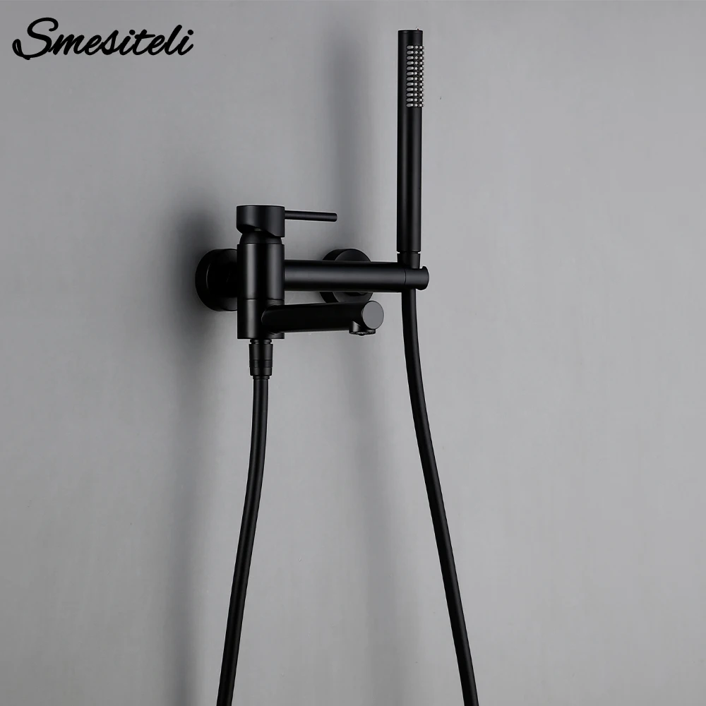 Smesiteli Black Hand Shower Sprinkler Holder Bathtub Filling Nozzle Integrated Double Hole Single Handle Bathroom Faucet Set