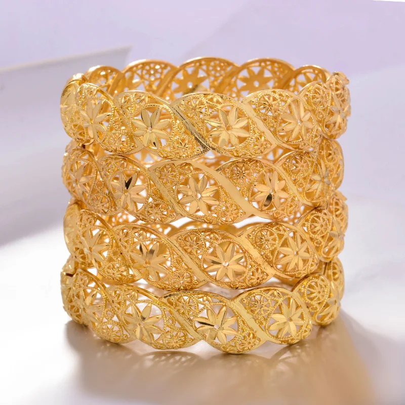 4Pcs/lot Ethiopian Africa Gold Color Bangles For Women Flower Bride Bracelet African Wedding Jewelry Middle East Items bangle bracelet zirconia bangle snake bangle bracelet