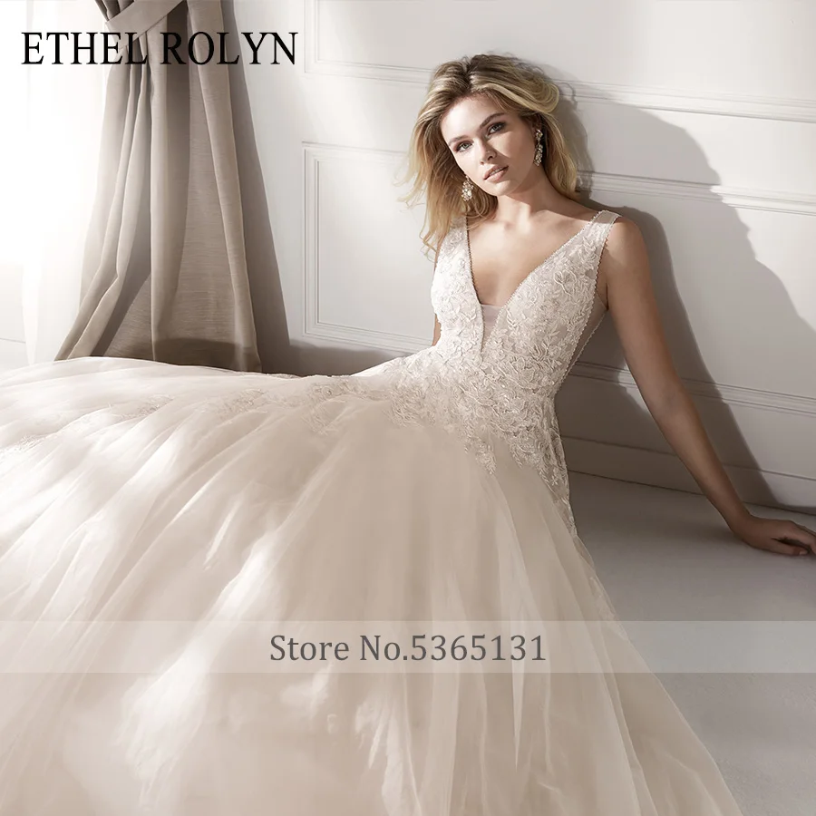 ETHEL ROLYN Sexy V-neck Backles Tulle Wedding Dress Romantic Beaded Appliques A-Line Vintage Wedding Gowns Vestido De Noiva