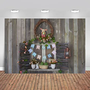 

Photo Backgrounds Happy Easter Day Dark Wooden Board Wall Rabbit Bunny Wreath Baby Portrait Photo Backdrop Photo Studio