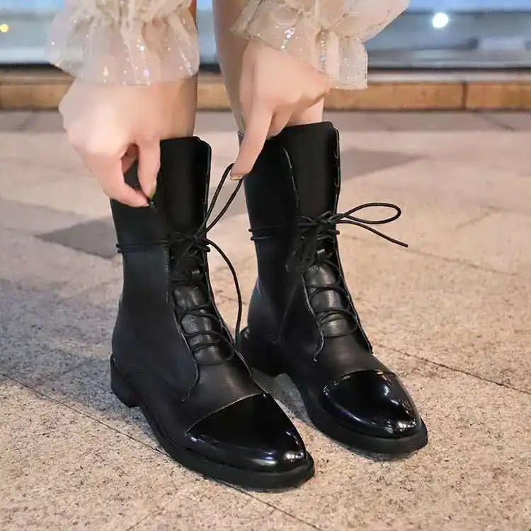 Black Leather Pointed Toe Flat Boot Black Patent Leather Pointed