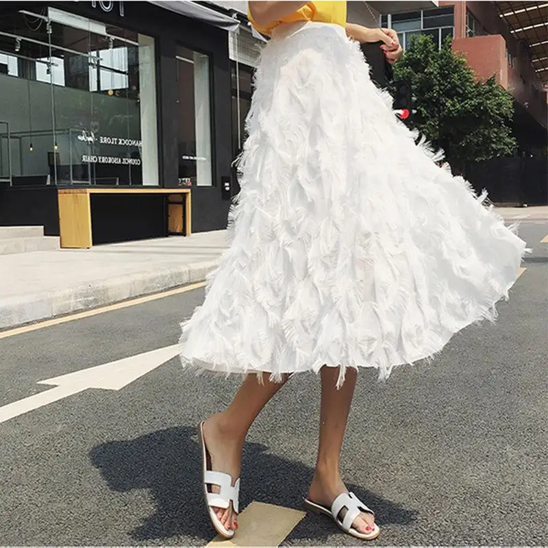 Женская Весенняя плиссированная юбка с перьями и кисточками, эластичные миди юбки с высокой талией, Женская пышная Тюлевая трапециевидная юбка