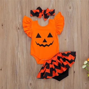 

2020 Baby Girl’s Clothes Fly Sleeve Top Printed Triangle Wrapped Pants and Headband Halloween suit