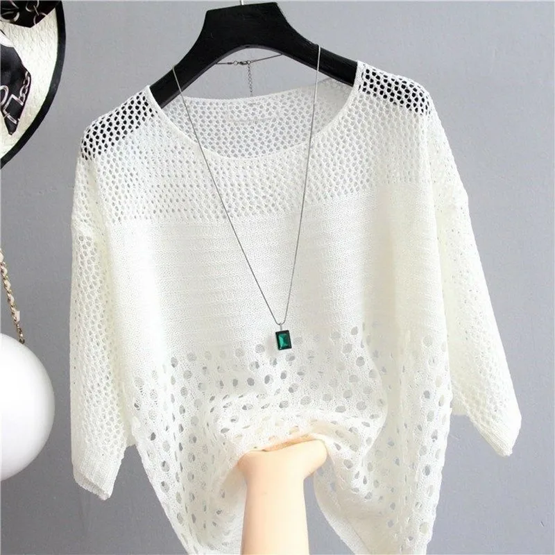 2025 Leisure White Hollow Out Mesh Top Women Thin Knitted Pullover Loose Summer Air Conditioning knitwear Pull Femme Tide H1451 6