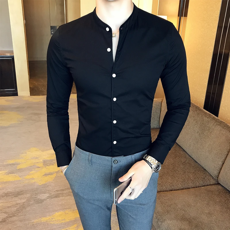 Comprar Camisa Casual negra de alta calidad para hombre, camisas de vestir de manga larga de algodón blanco, cuello de soporte delgado para hombre, Color sólido de primavera 2020