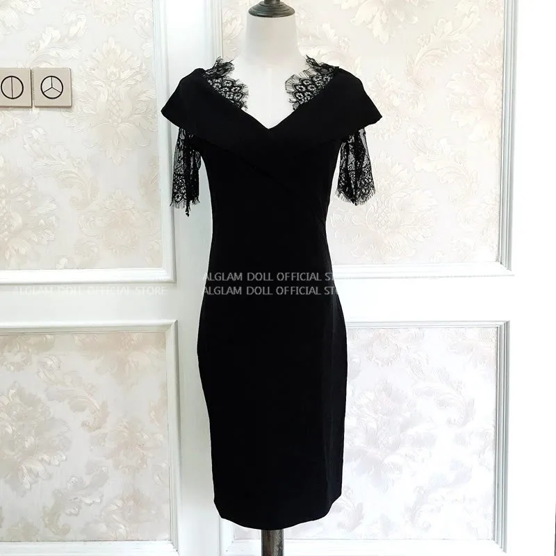 Cena 2019 lato koronki Patchwork czarny Sexy Vestidos kobiety do kolan Midi ołówek Bodycon dekolt sukienka do pracy biurowej