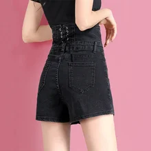 

Multi-button Black Denim Shorts Summer Women Sexy Back Lace Up Design High Waist Hot Pants New White A-Line Loose Straight Jeans