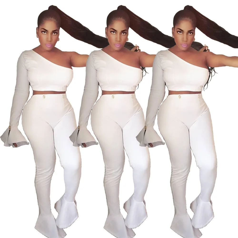 

2019 high street fashion white 2 piece set women skew collar crop top and skinny pants summer sexy slim outfit LB9196