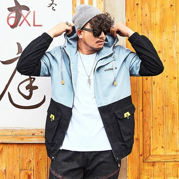 

Spring and Autumn Blue-Black Color Patchwork Oversized Coat Large Size Men's Trend Jacket Casual Hooded Thin Streetwear Jackets