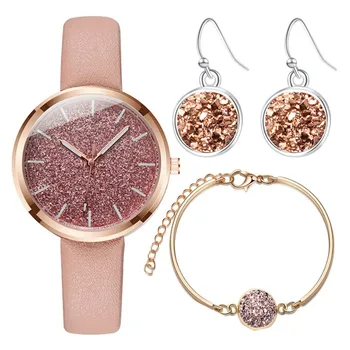 

3pcs/set Fashion Leather Band Women Starry Quartz Watch Silver Drop Earring Gold Bangle Wristwatch Set For Ladies Dress Watch