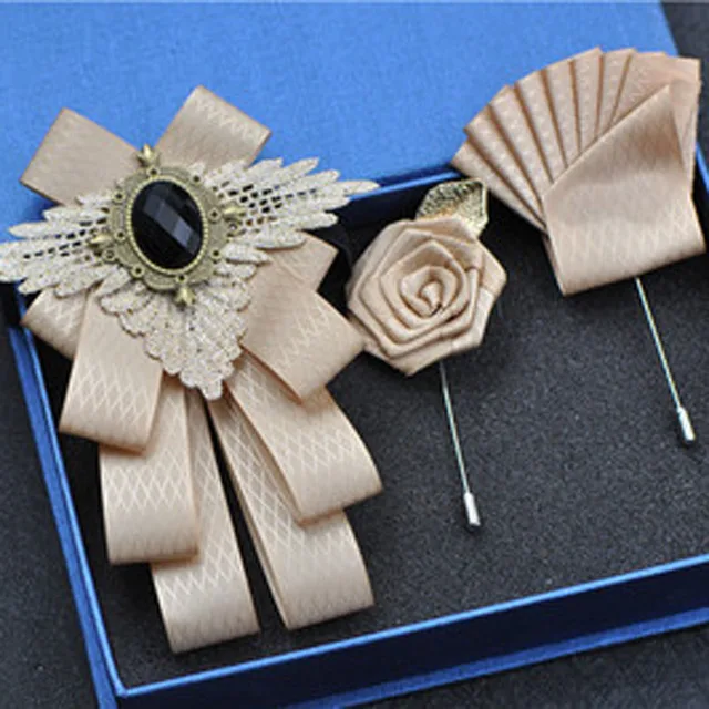 British New Fashion Men's Wedding Performance Groom Wedding-Party Flower Collar Bow Tie Pocket Towel Square Set Men Accessories Gold set