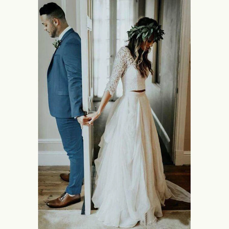 

Hot Sale Charming Two Pieces Lace Plunge V Neck Bride Wedding Dresses with Three Quarter Sleeves Wedding Gowns for Bride A Line