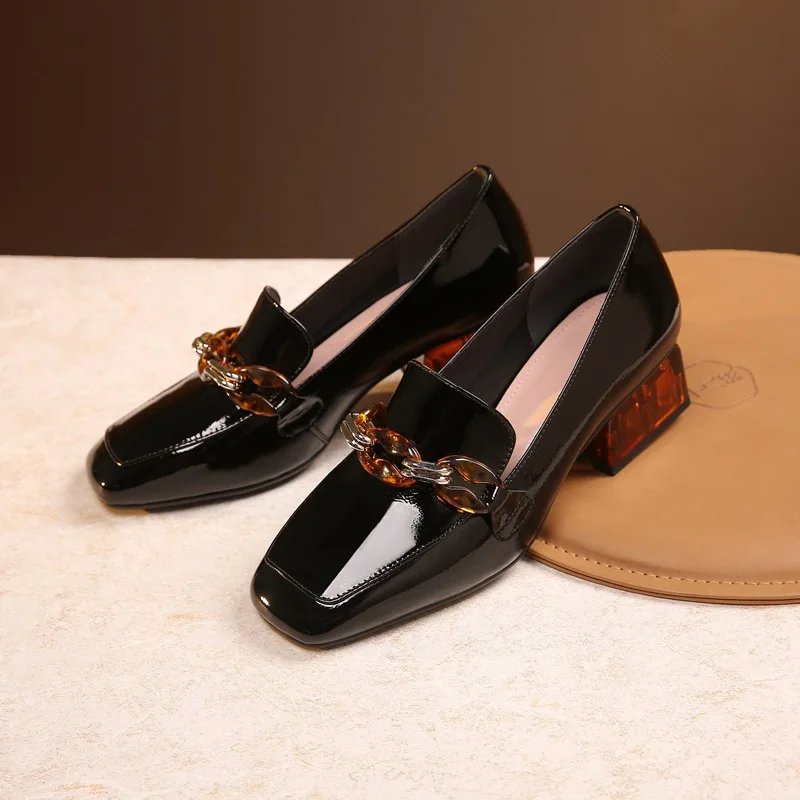 ZVQ/Новые Модные осенние женские туфли-лодочки женская обувь из натуральной кожи с квадратным носком на среднем каблуке без застежки Прямая поставка, размер 33-42 - Цвет: black