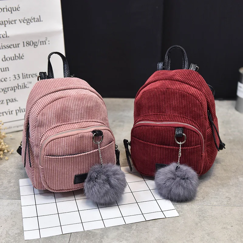 

South Korea Mini Small Double Back Corduroy Backpack Women's Versatile Furry Ball Backpack Retro Simple Bag Travel Bag Fashion